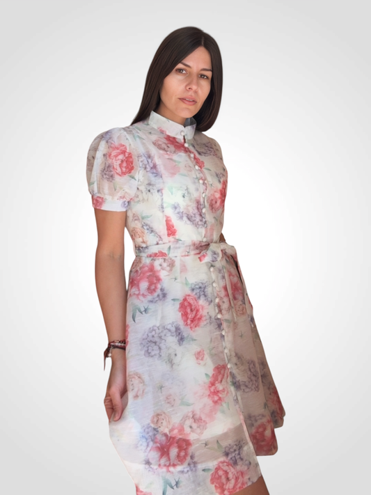 Floral Dress with Puff Sleeves and Belt