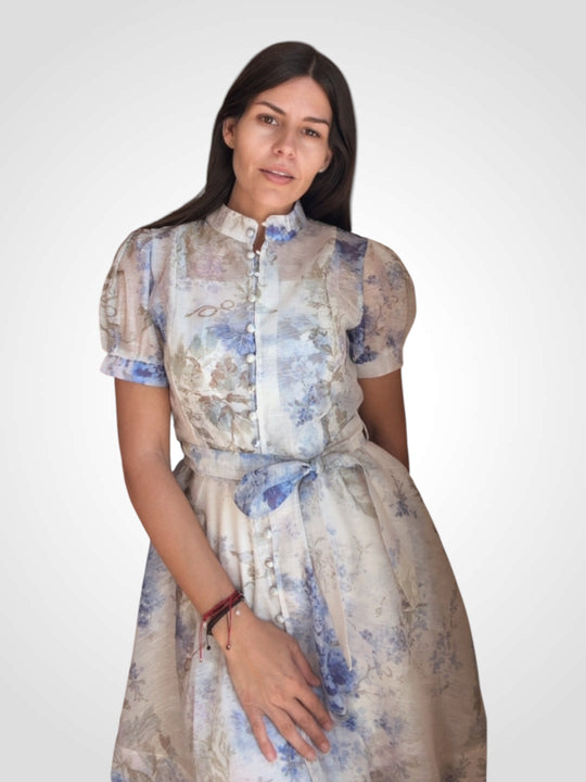 Floral Dress with Puffed Sleeves and Belt