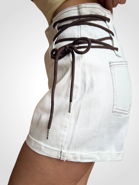 White Lace-Up Denim Shorts