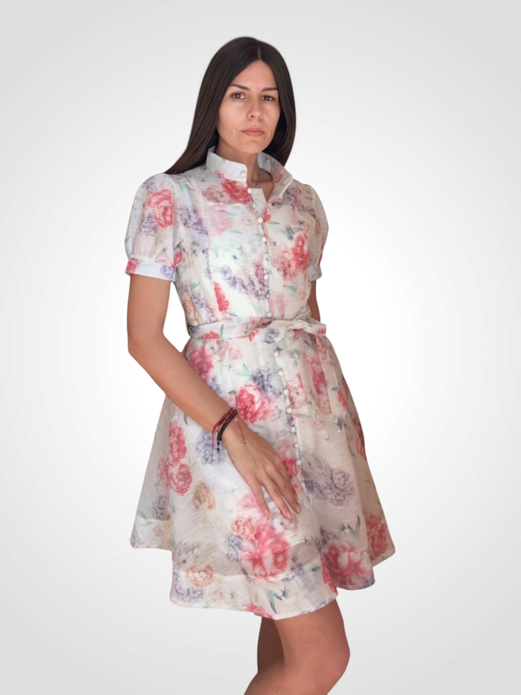 Флорална Рокля с Буфан Ръкави и Колан